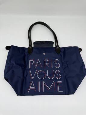 Longchamp x Paris Aéroport Canvas w/ PARIS VOUS AIME Print Tote Bag Blue OS